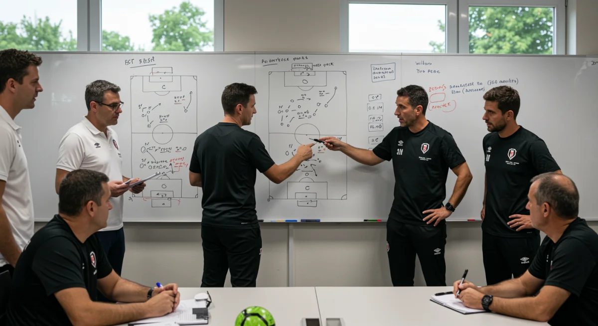 Soccer coaching staff discussing tactical strategies on a whiteboard.