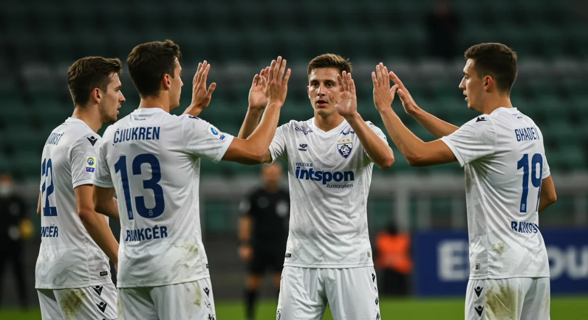 Soccer players celebrating a successful defensive effort, demonstrating team cohesion.