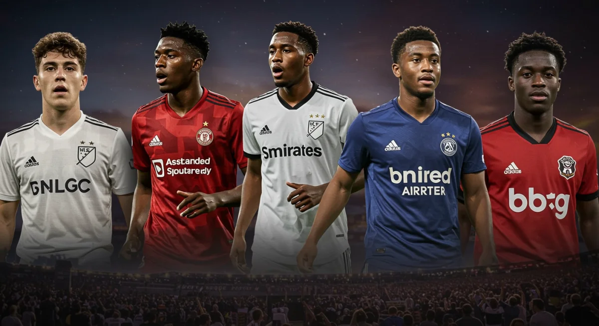 Montage of MLS club logos with rising star player silhouettes