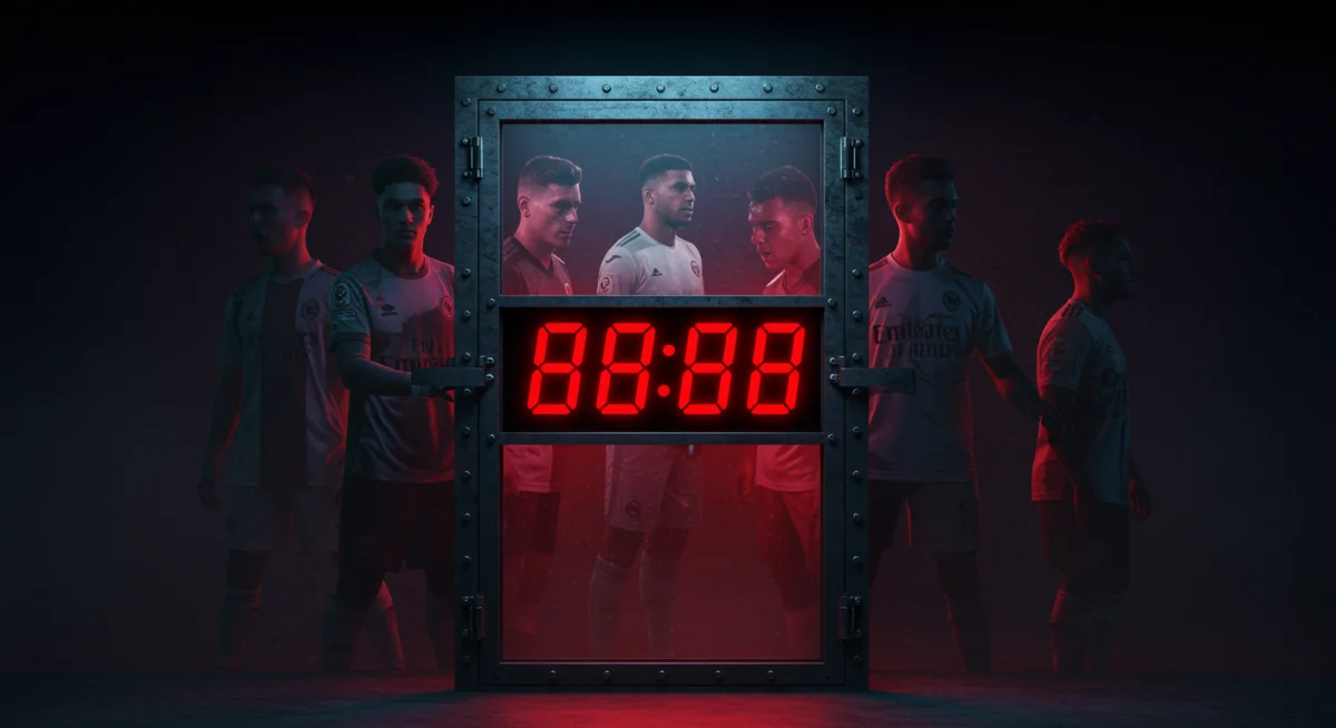 Graphic of a transfer window closing with player silhouettes, symbolizing critical decision periods.