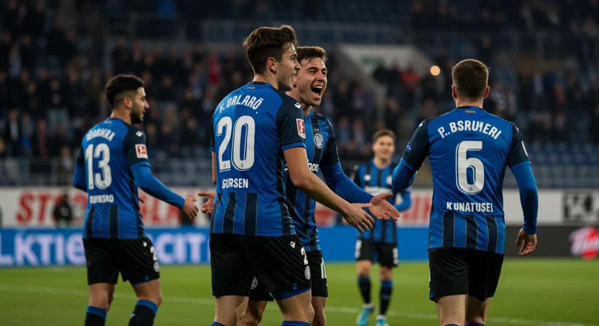 US forward celebrates scoring a crucial goal with teammates in a European second division.
