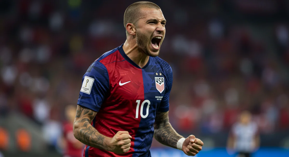 US player celebrating goal after playing multiple positions.