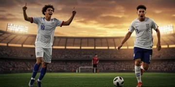 US Soccer Breakout Stars: 2 Talents Soaring in Value Two rising US soccer stars celebrating and dribbling on the field, symbolizing their increased market value.