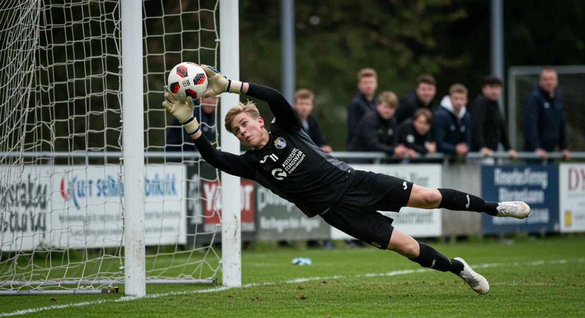 Promising US youth goalkeeper making a crucial diving save