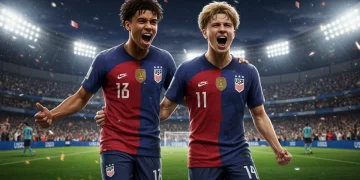 Two US youth soccer phenoms celebrating a record-breaking goal.