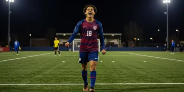 US Youth Strikers to European Leagues: The 2025 Pathway Young American striker celebrating goal, symbolizing aspirations for European leagues.