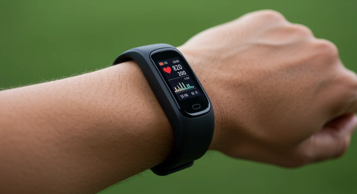 Athlete's wrist wearing a wearable fitness tracker displaying biometric performance data.
