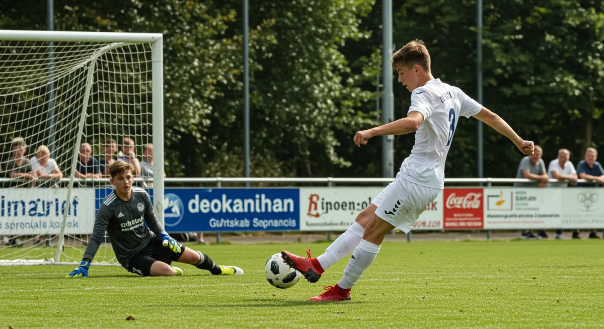 Emerging US talent taking a powerful shot on goal during a youth league game.