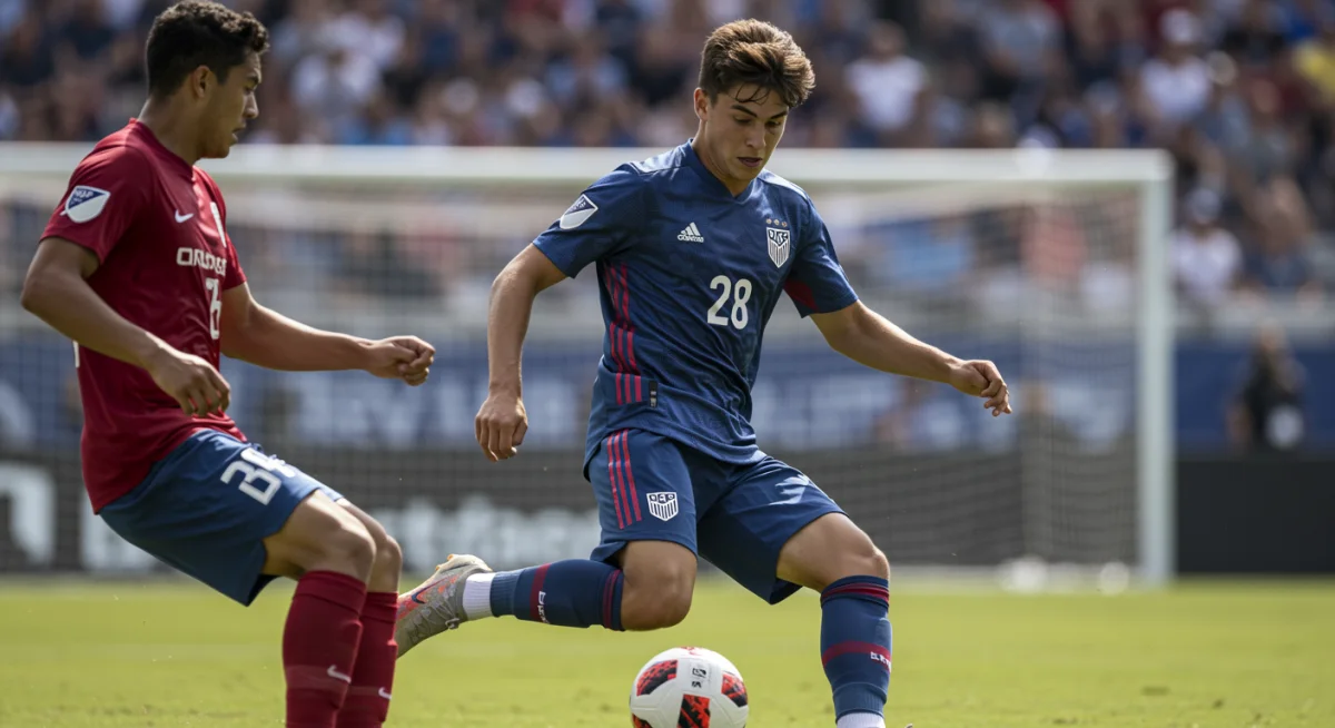 Young US-born winger showcasing exceptional dribbling skills in an MLS match.
