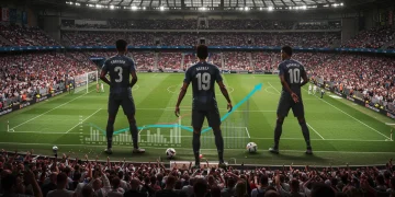 Dynamic stadium with superimposed financial charts and player silhouettes representing major 2026 transfers.