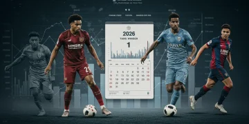 Illustration of 2026 summer transfer window with financial data and player silhouettes