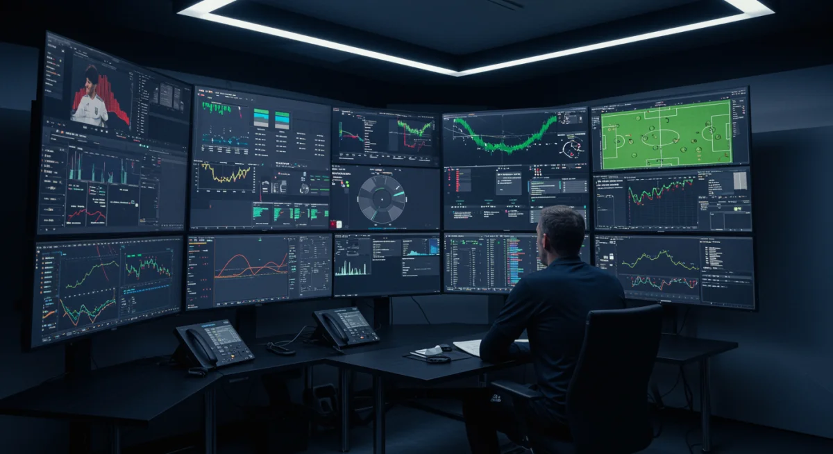 Football coach analyzing complex data visualizations on multiple screens