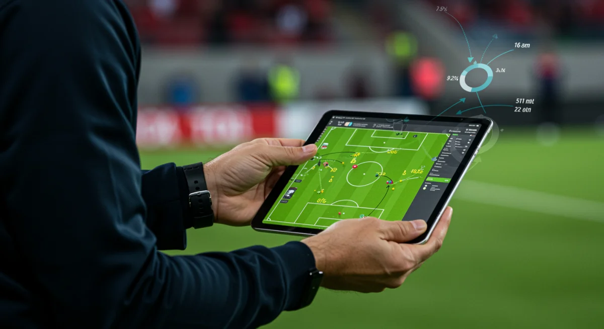 Soccer coach analyzing real-time data on a tablet during a match