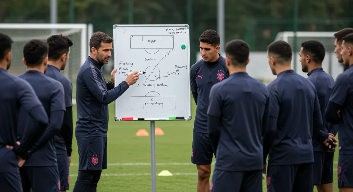 Soccer coach explaining low block attacking tactics to players on a whiteboard.