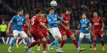 Soccer players aggressively counter-pressing in a midfield battle, symbolizing tactical intensity and strategic play.