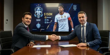 Football club executives finalize a $150 million striker transfer deal in 2026.
