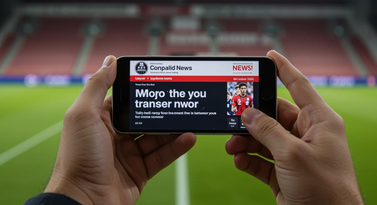 Smartphone displaying football transfer news headline with stadium background
