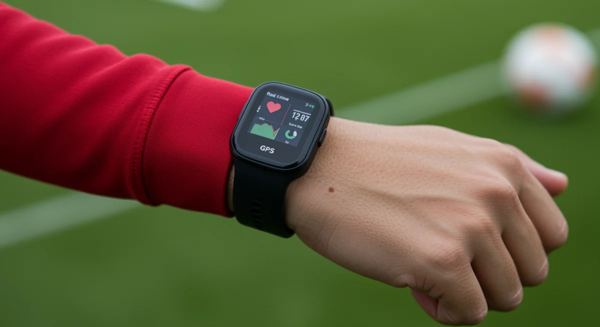 Soccer player wearing a GPS tracker displaying performance data
