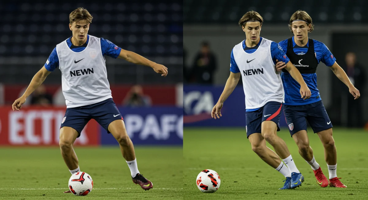 Two young American midfielders demonstrating passing and tackling skills