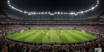 Futuristic MLS stadium with teams executing advanced tactical plays in 2026
