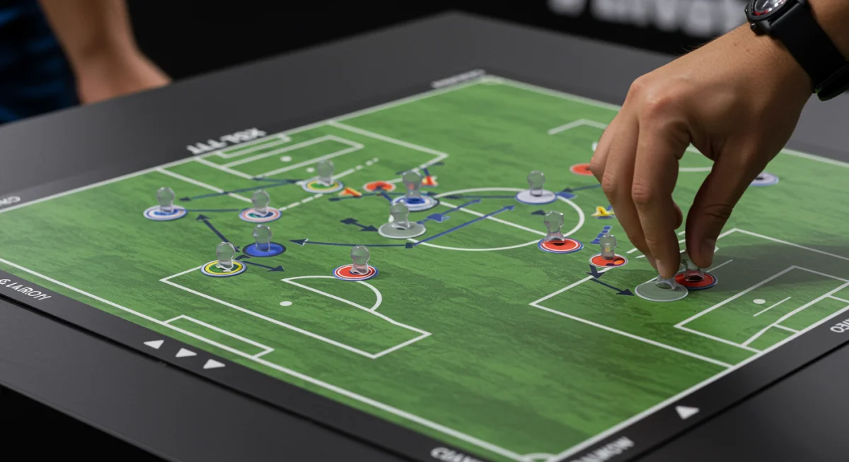 Tactical board with soccer formations and player movements, representing strategic planning for an MLS playoff game.