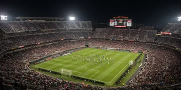MLS stadium packed with fans under bright lights during a crucial match.