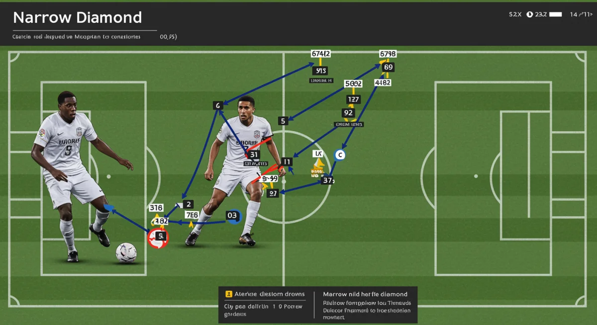 Tactical board illustrating a narrow midfield diamond formation, highlighting player roles and passing lanes.