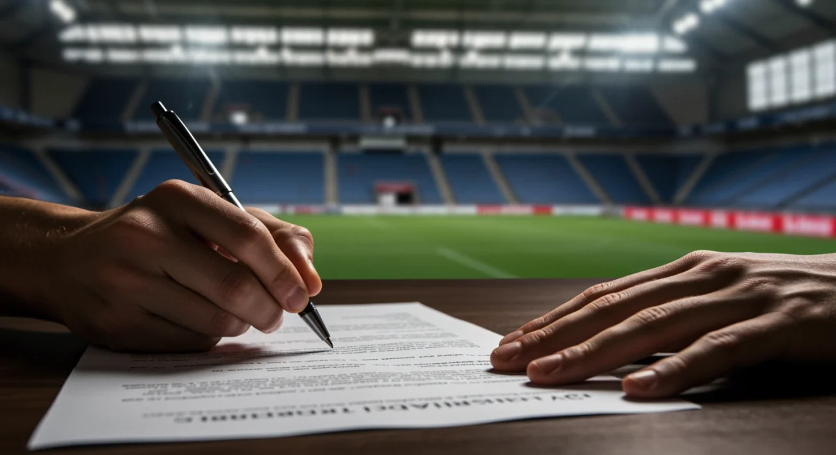 Player signing contract, symbolizing a completed football transfer