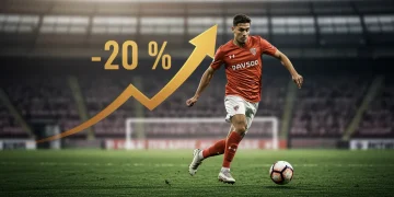 Soccer player in action with graphic showing 20% increase in transfer fees