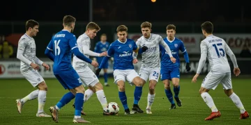 Soccer team executing a high press, coordinated defensive pressure