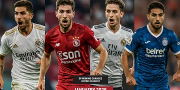 Star Forwards Demanding Transfers: 2026 Outlook & Club Situations Four star football forwards in different club kits, dynamic action shot, transfer market graphic overlay