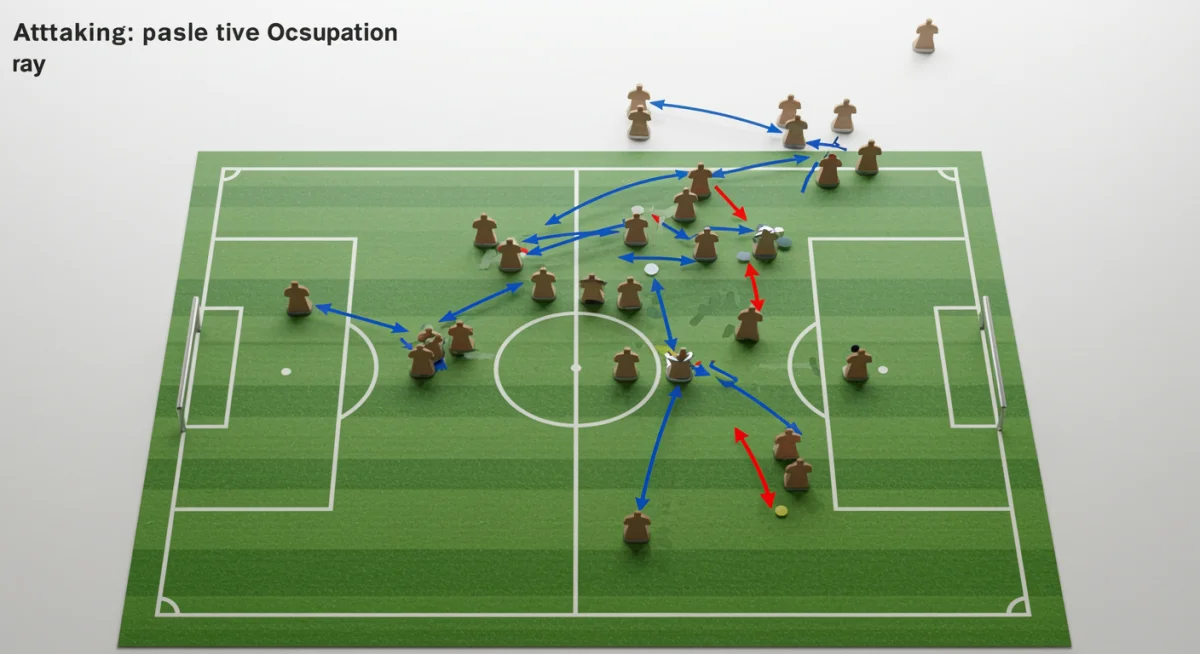 Tactical board illustrating player movement and passing lanes in positional play attacking structure.