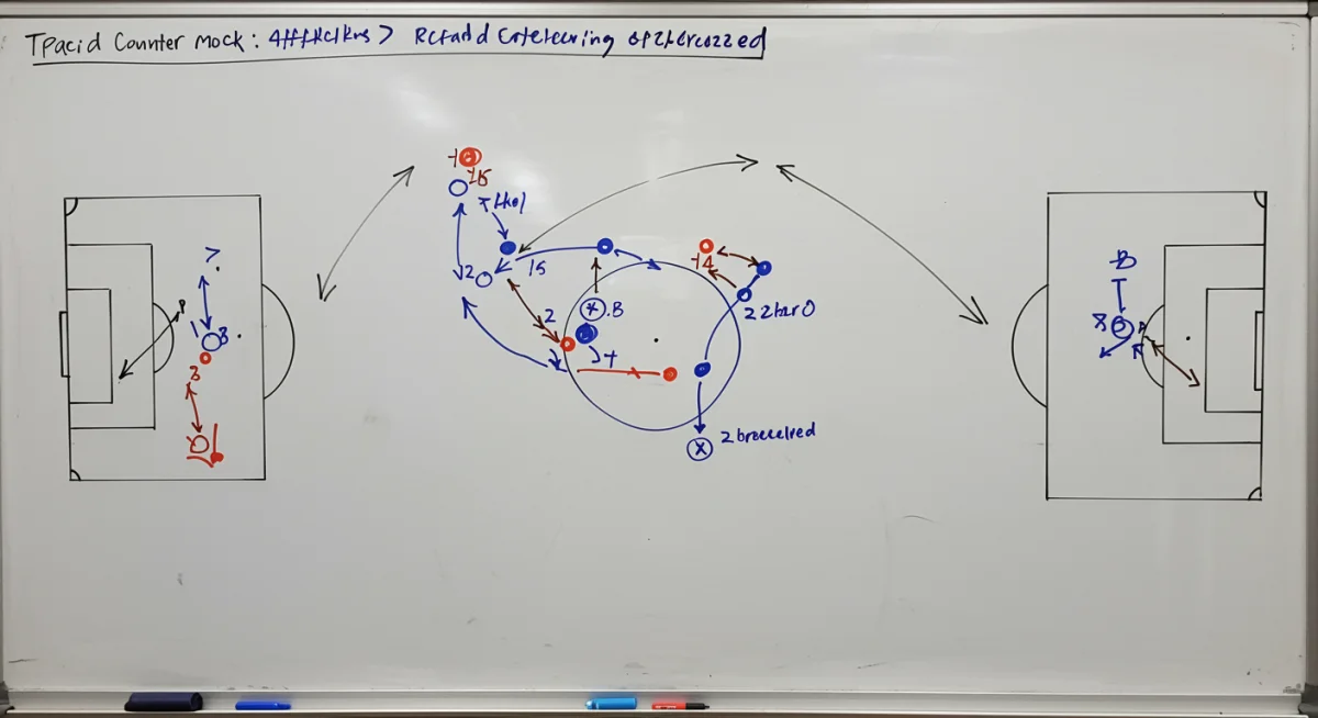 Tactical whiteboard with football counter-attack strategy diagrams and player movements.