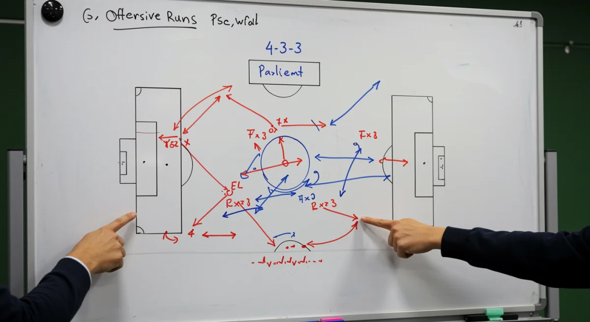 Detailed tactical whiteboard showing a 4-3-3 formation with player movements