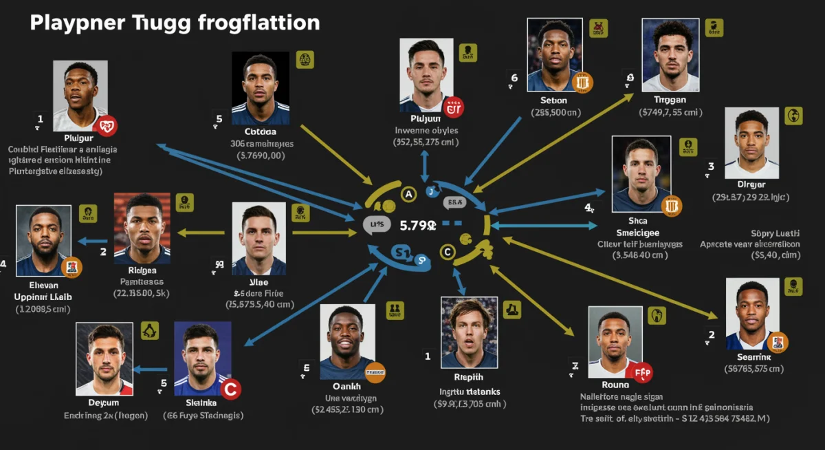 Complex football transfer negotiation graphic showing player profiles and club financial strategies.