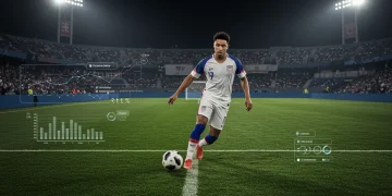 US men's national team player dribbling with data visualization overlay