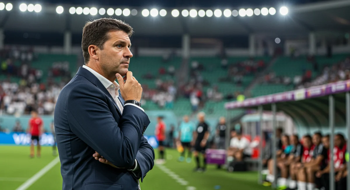 Football coach deep in thought on the sidelines, strategizing for team composition.