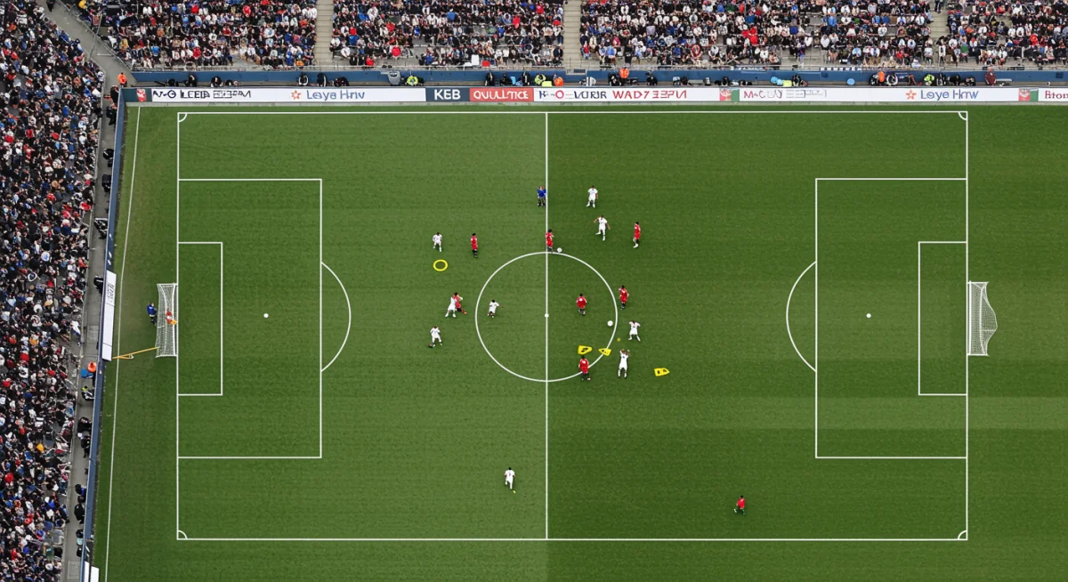 Aerial view of a compact defensive block in a soccer match