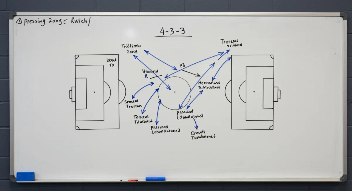 Detailed soccer tactical whiteboard diagram showing midfield pressing and triangulation strategies.