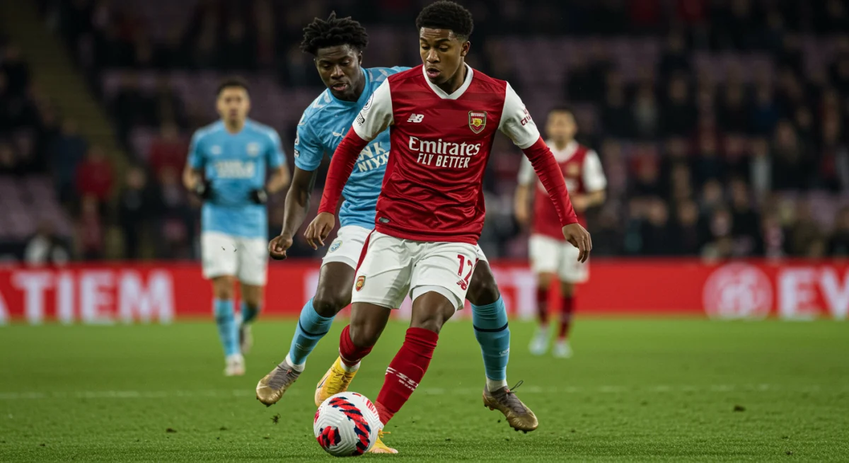 Dynamic midfielder dribbling in a competitive soccer match.