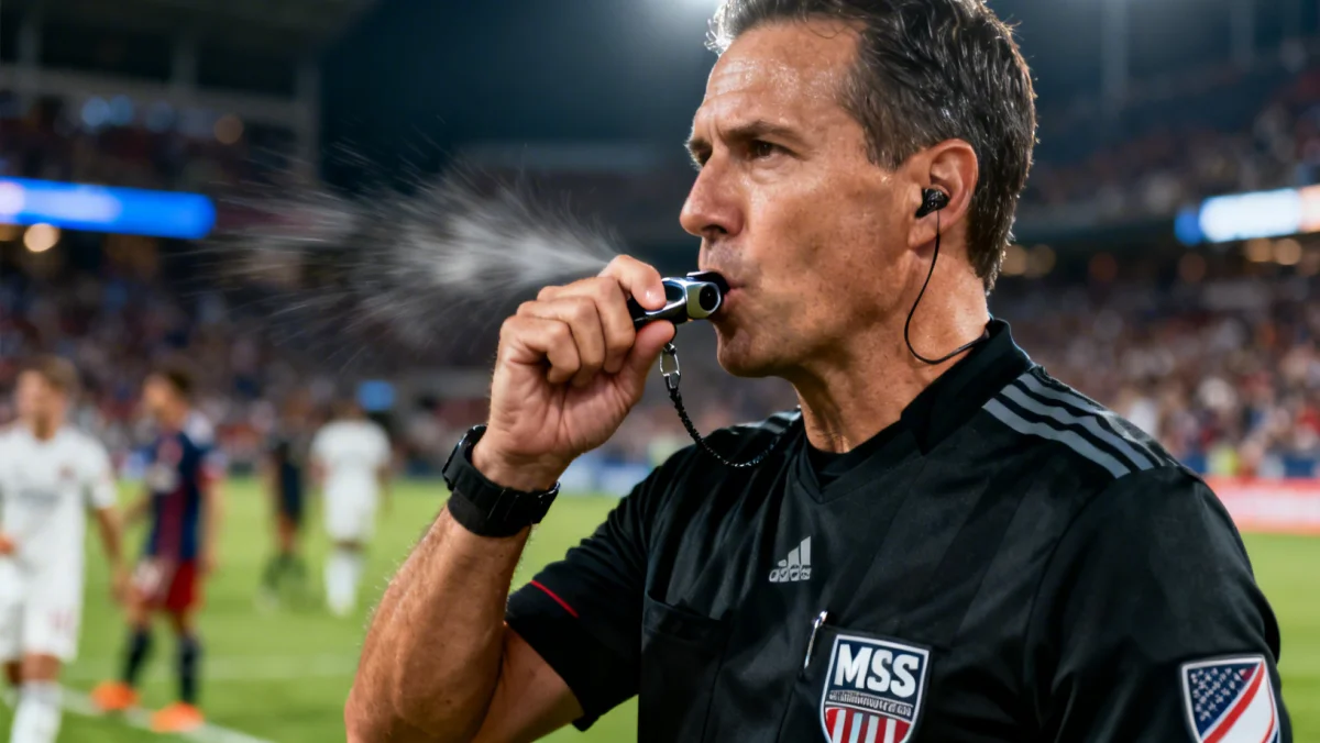 Referee blowing whistle during a crucial moment in an MLS soccer match.