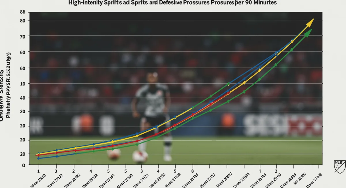 Graph showing the increase in high-intensity sprints and defensive pressures in MLS over time, projecting to 2026.