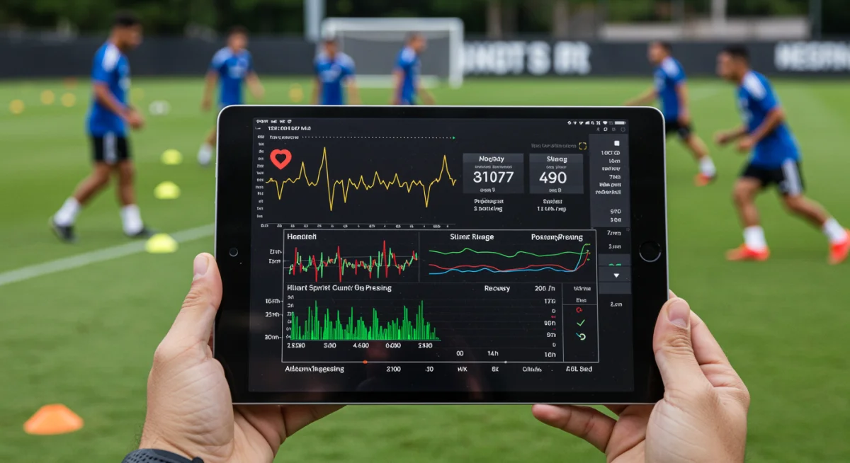 Sports scientist analyzing player data during high-intensity training