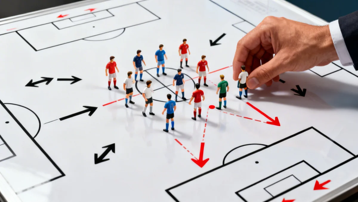 Soccer coach illustrating new game strategies on a tactical board.
