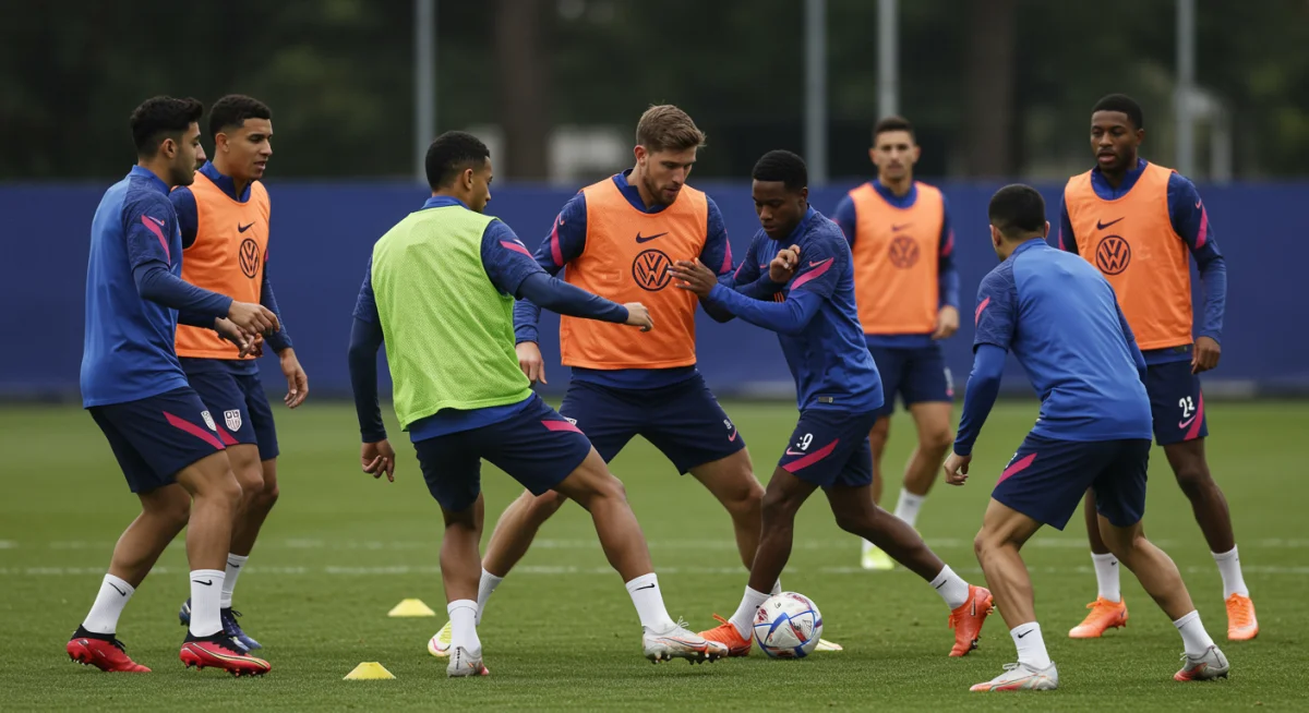 US soccer players performing a high-intensity midfield pressing drill during training.