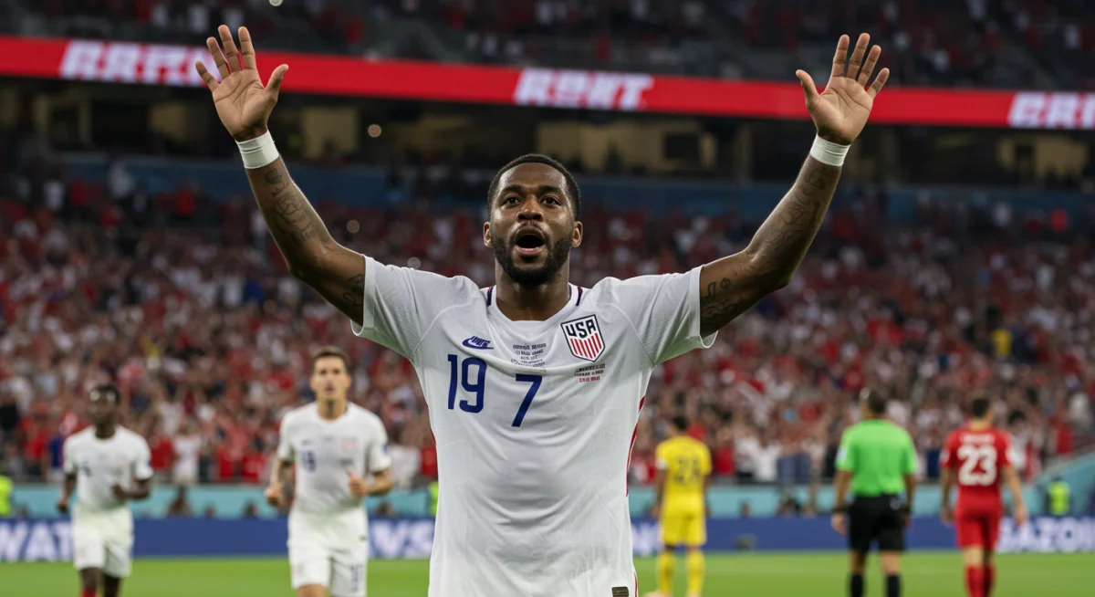 USMNT striker celebrating a goal with his teammates.